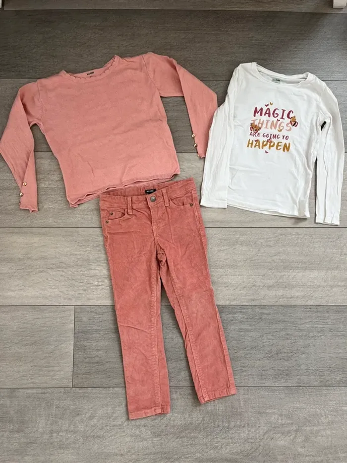 Ensemble lot 3 pièces Kiabi 5 ans rose pantalon pull t-shirt