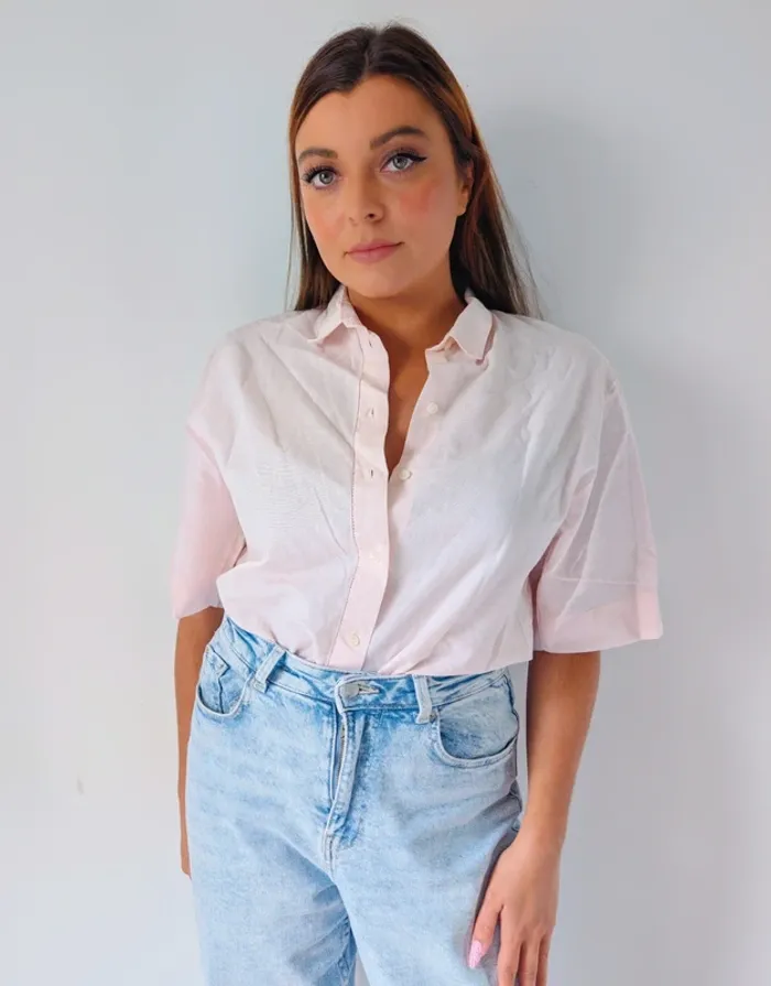 Chemise manches courtes coton rose pâle ample style vintage rétro Printemps Taille 38 - photo numéro 3