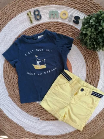 Ensemble short jaune + tee-shirt bleu marine - Tape à l'oeil - 18 mois
