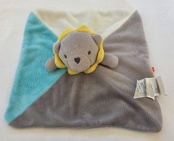 Doudou Lion carré plat gris , blanc et bleu - Obaibi