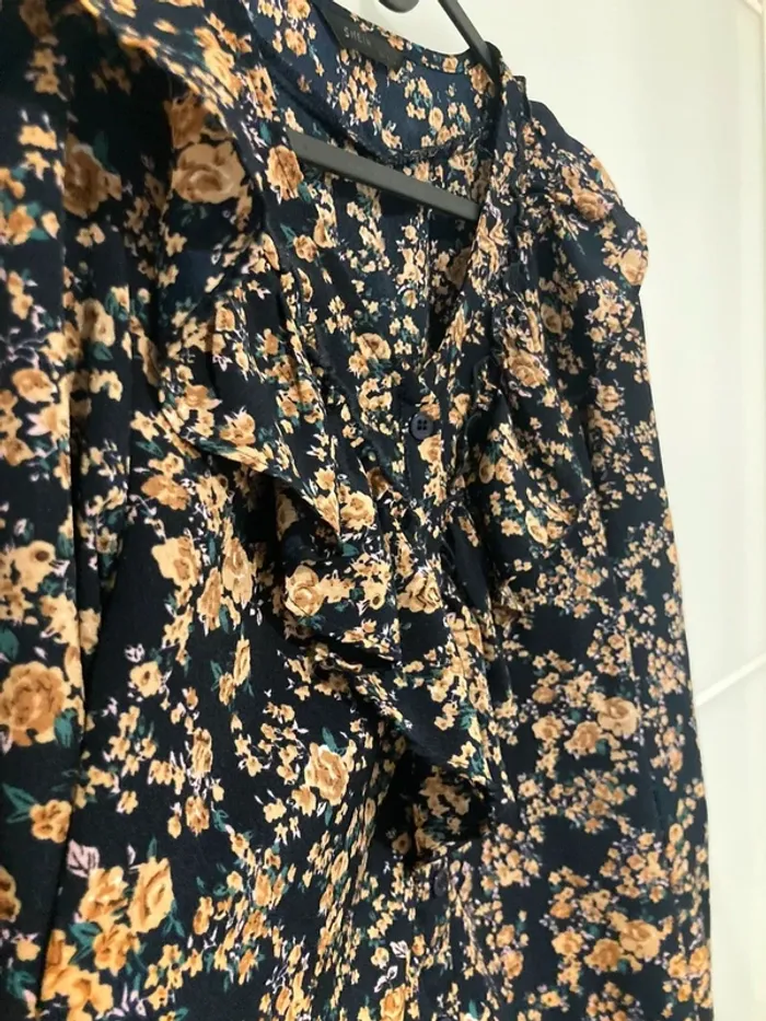 Blouse fleurie à volants bleu et marron - photo numéro 5