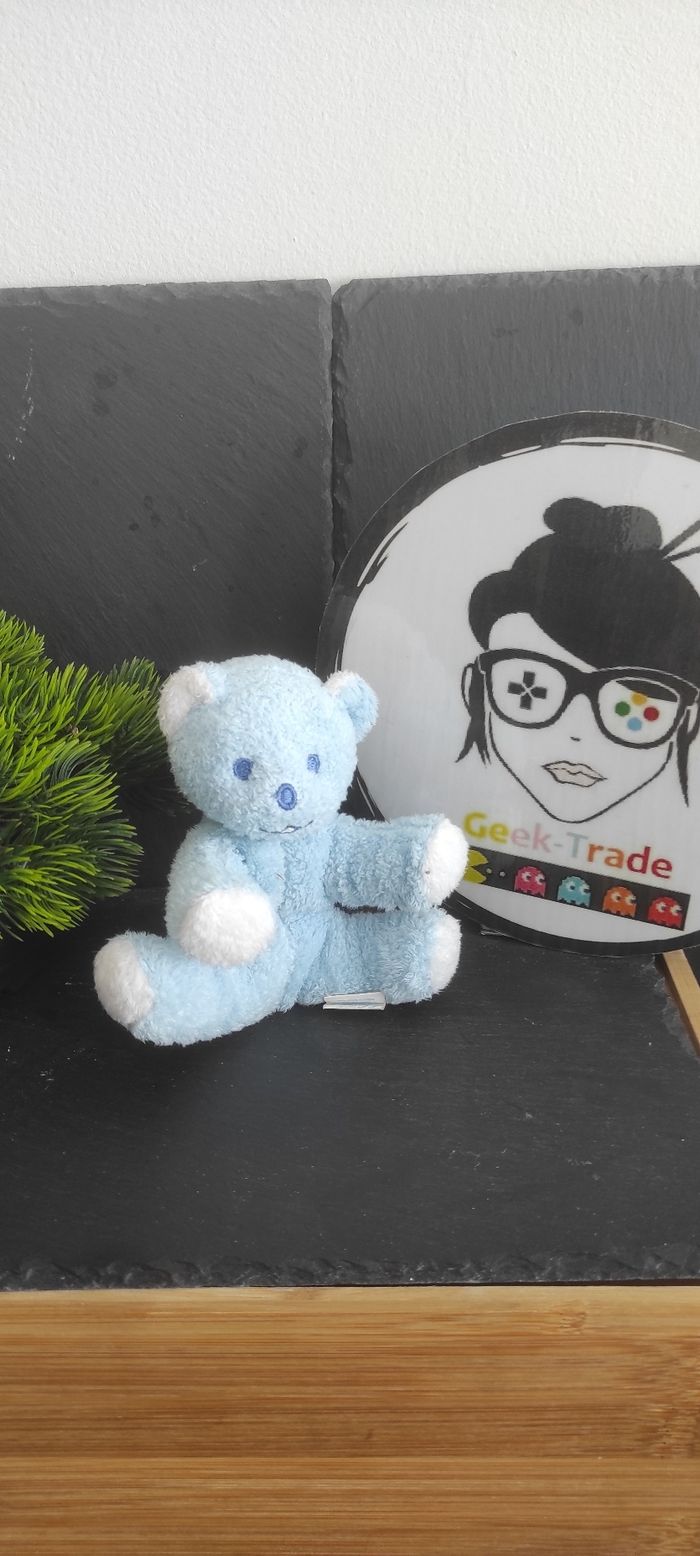 Mini Doudou ours bleu Musti blanc ancien pharmacie Vintage Publicitaire Peluche