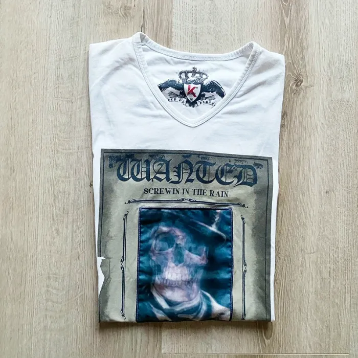 Kingz T-Shirt Wanted Blanc Exclusive Collection Homme Halloween Mode Vintage (Taille M)