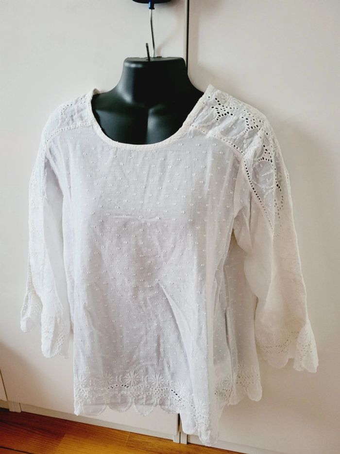 Haut Top tee shirt blouse motifs pois blancs en 100% coton manches originales taille L 40 - photo numéro 3