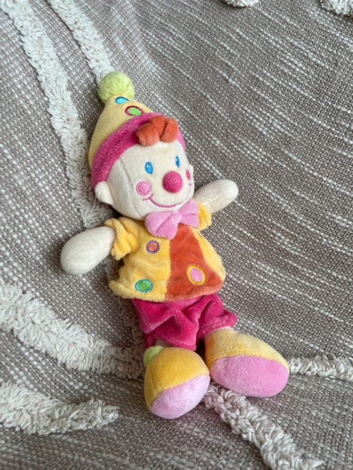 Peluche doudou 27cm Nicotoy clown poupée jaune orange et rose très bon état - photo numéro 2