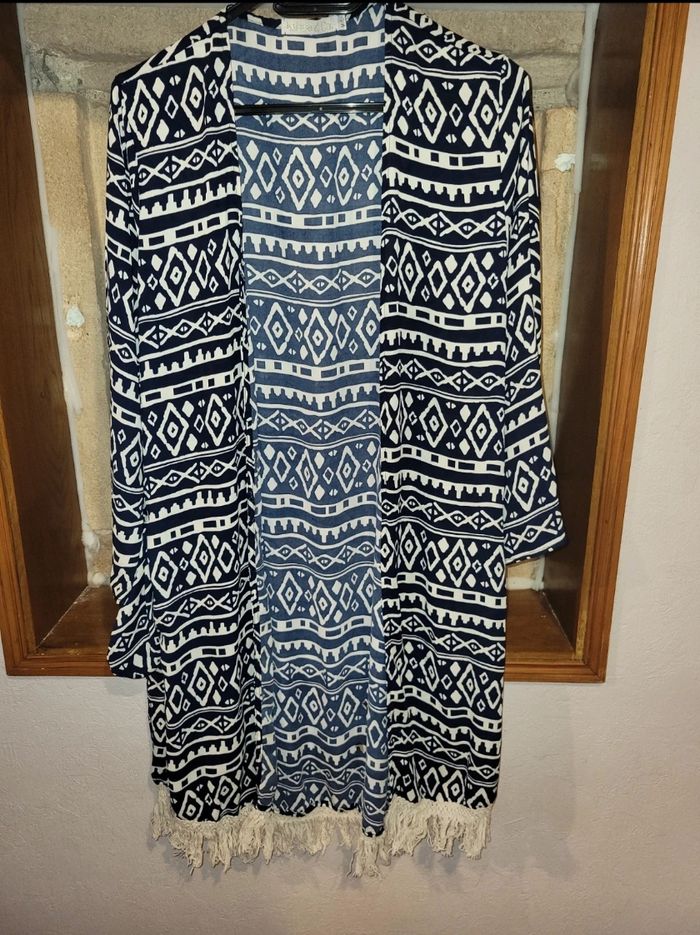Gilet de plage lomg Bohème - Imprimé Ethnique Bleu & Blanc - photo numéro 3