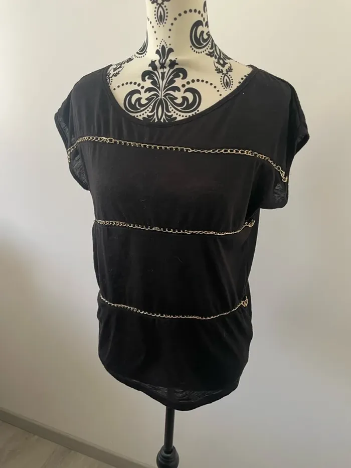 T-shirt à manches courtes noir col rond chaîne doré devant Golden Days taille S/M - photo numéro 2