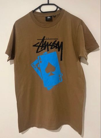 T-shirt Stüssy marron camel S – Logo cartes streetwear – Très bon état