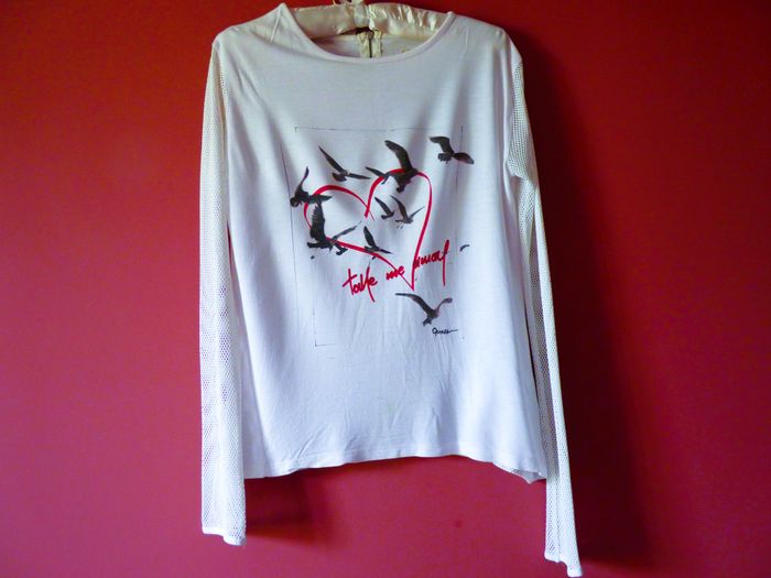 T-shirt Femme S 36 Guess blanc oiseaux manches longues maille résille rock TBE