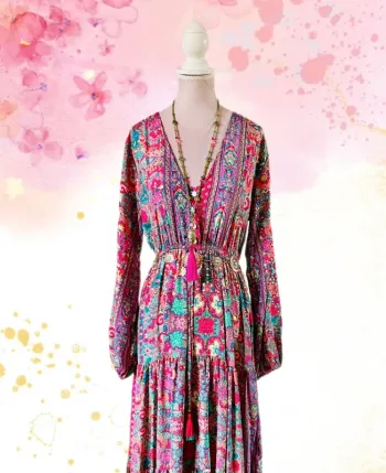 🩵🌸Magnifique robe longue bohème soie neuve avec étiquette Made in India fairycore Silk maxi dress🌸🩵