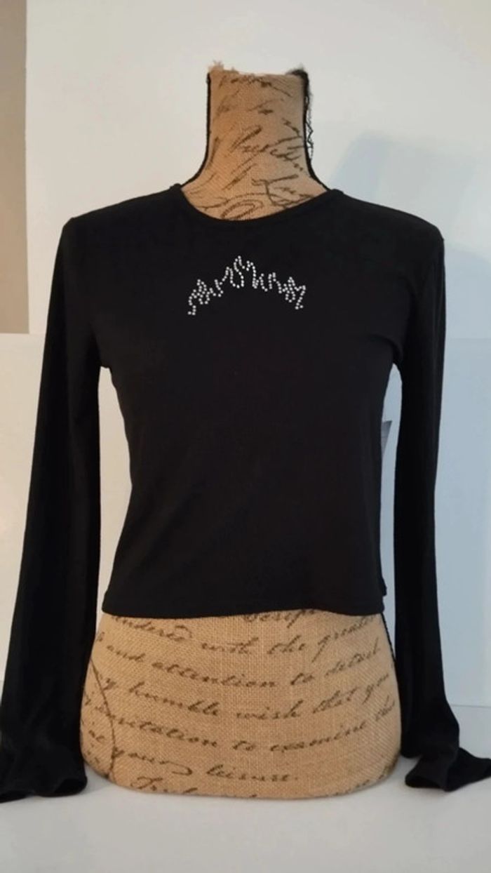 Tee shirt manches longues noir taille l avec motifs strass - photo numéro 3
