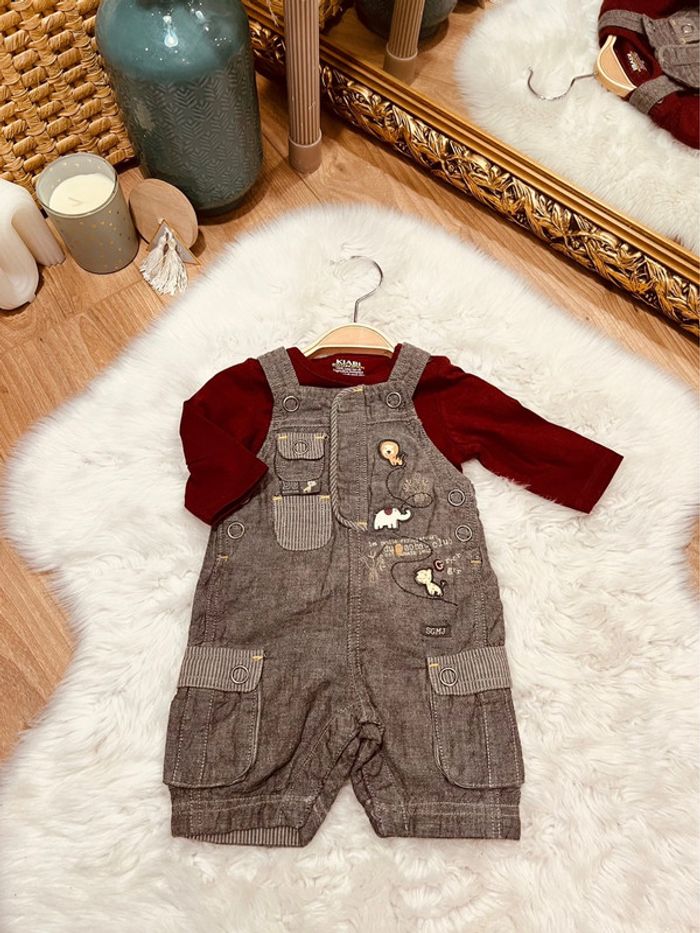 Taille 1 mois ensemble 2 pièces garçon sergent major Kiabi gris et bordeaux * salopette * 💙