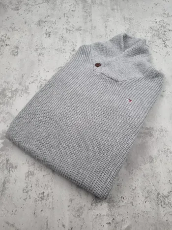 Pull col châle Tommy Hilfiger gris – Taille M Homme (mesures en photos)