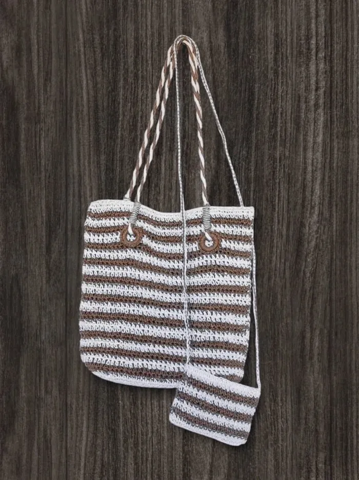 Set sac rectangle anse + porte-monnaie bandoulière paille papier rayé blanc marron