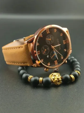 Montre brun style vintage & bracelet perles noires