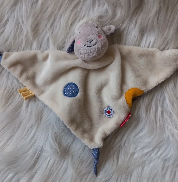 Doudou plat losange mouton blanc et bleu à pois - Terre de marins