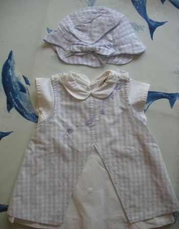 ENSEMBLE 2 PCS BÉBÉ FILLE : ROBE BLANCHE ET MAUVE + CHAPEAU "AUBISOU BY AUBERT" - 6 MOIS - n°14