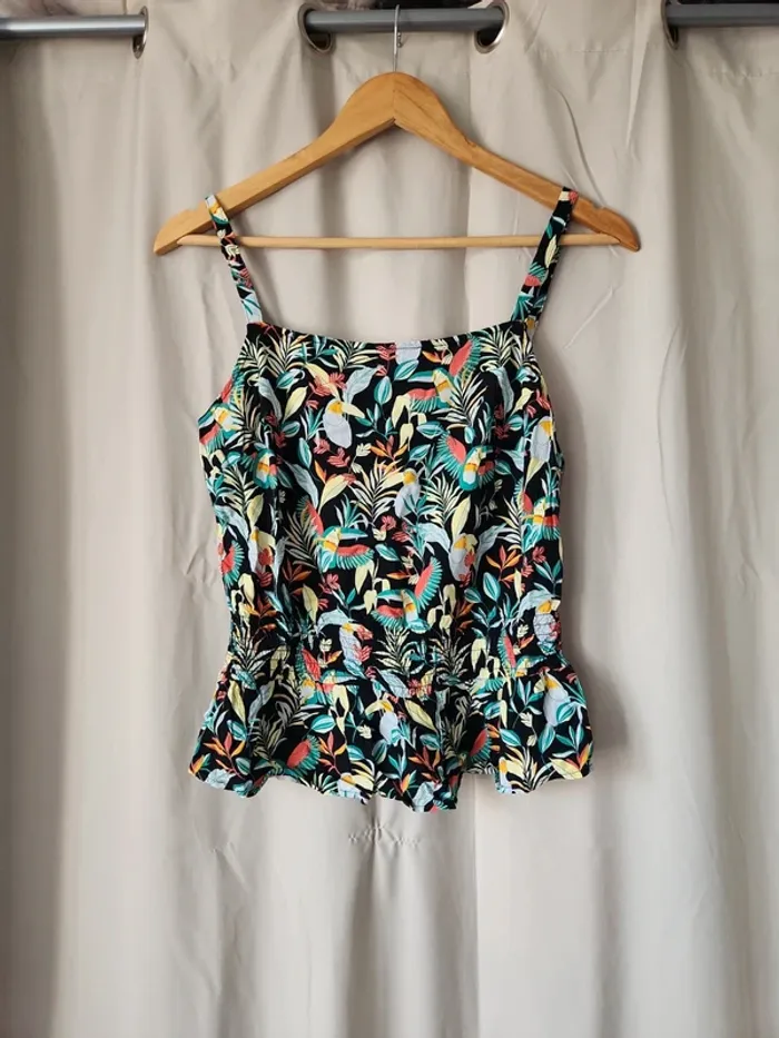 🌺Haut à bretelles noir motif tropical et coloré Cache Cache T36/S🌺