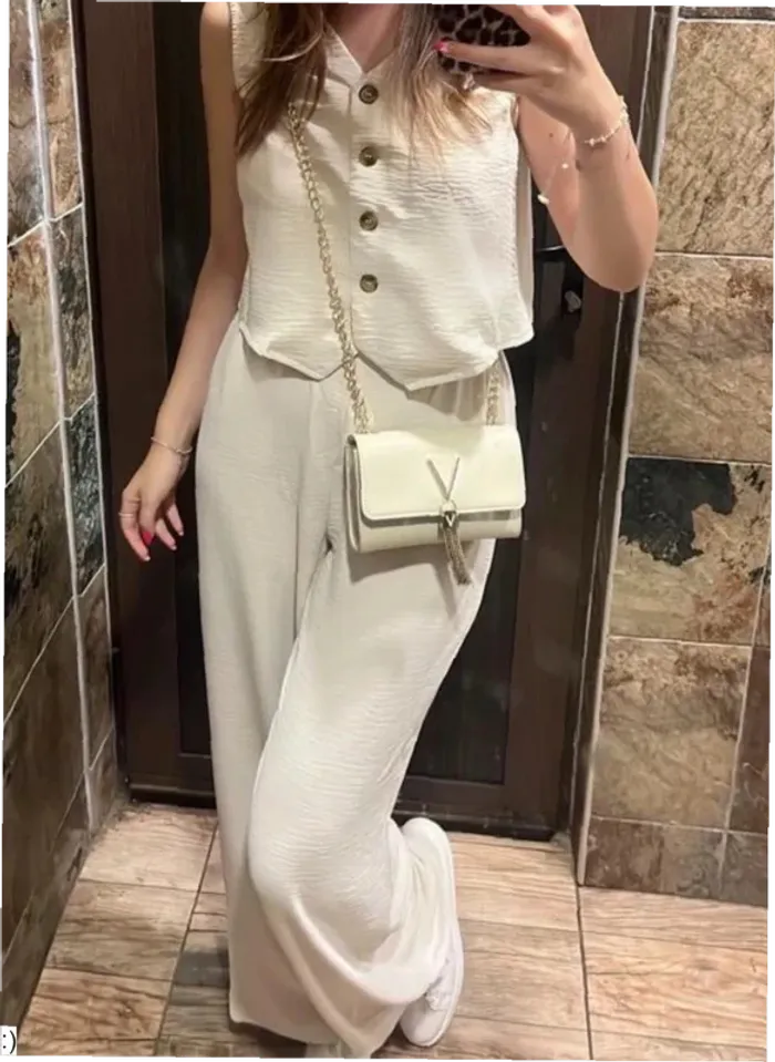 Ensemble Femme Deux Pièces Gilet Pantalon Beige Effet Lin - Taille S Neuf Jamais Porté