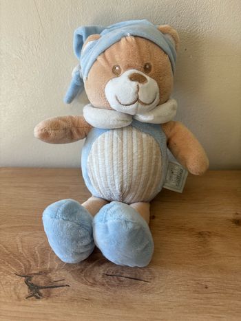Doudou peluche ours beige bleu bonnet mes petits cailloux