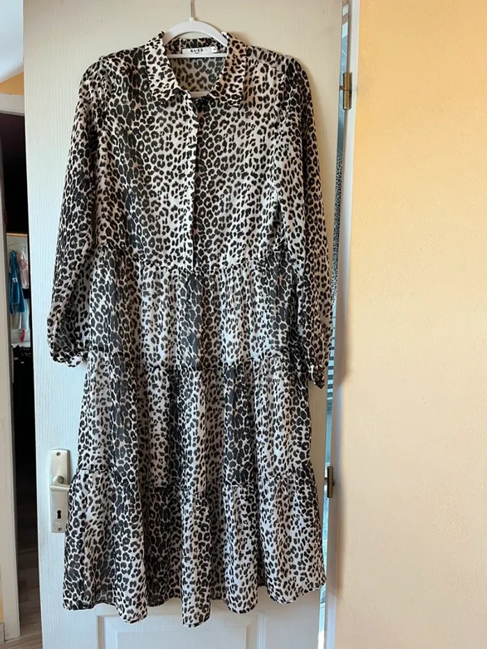 robe midi chemise leopard manches longues à volants - photo numéro 3
