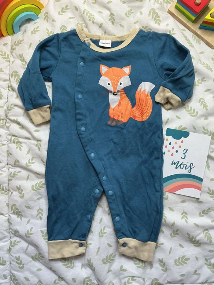 combinaison sans pieds ouverture devant dessin renard devant bleu newborn - photo numéro 2