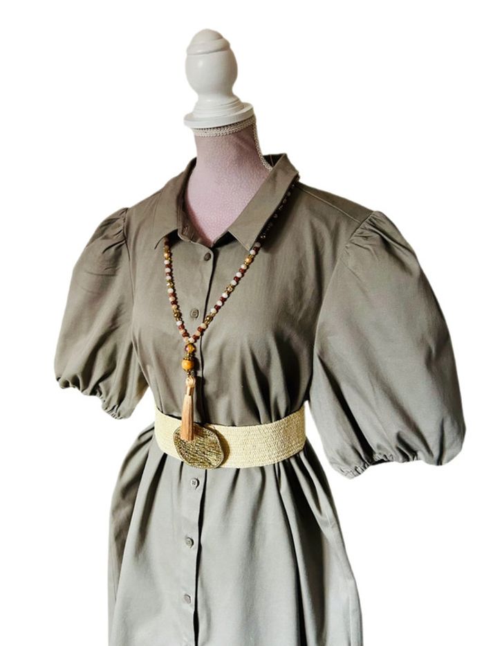 🧡🌿Robe chemise manches bouffantes taille 42 gris taupe chic & décontracté Puff Sleeves short dress🌿🧡 - photo numéro 3