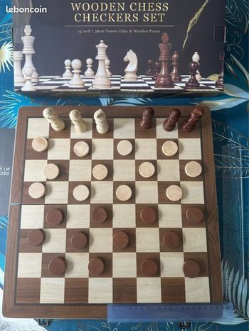 Jeu d’échecs en bois premium neuf complet + dames inclus 38 cm