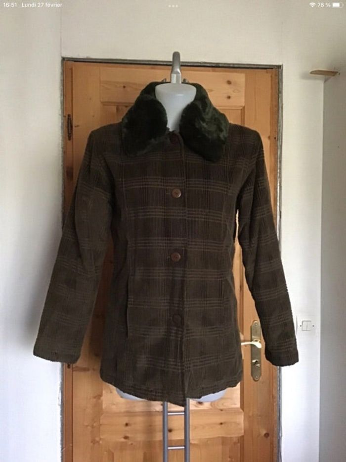 Manteau 3/4 velours côtelé/quadrillé vert foncé col amovible vintage 80s Figure Libre