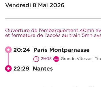 Billet de train Paris Montparnasse via Nantes vendredi 8 mai 20h24 arrivée à Nantes 22h29