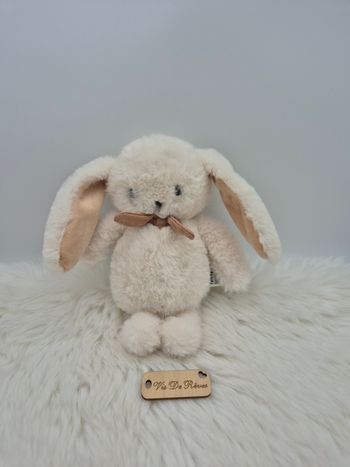 Doudou peluche lapin Fourrure écru noeud Vieux rose/beige