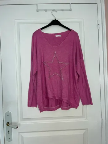 Pull étoile femme rose Col V