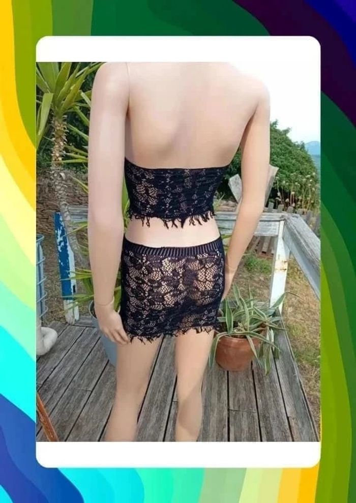 Ensemble haut +jupe de plage noir dentelle resille S - photo numéro 5