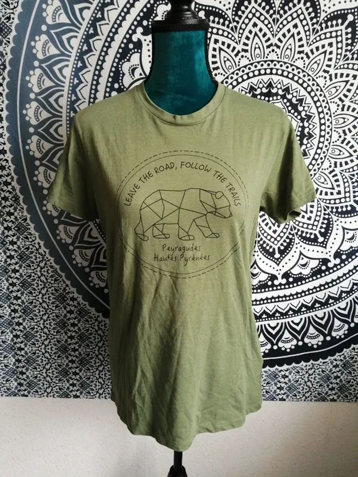 Tee-shirt mixte kaki ours géométrique et écriture peyragudes hautes Pyrénées / b-life clothing / (M) - photo numéro 2