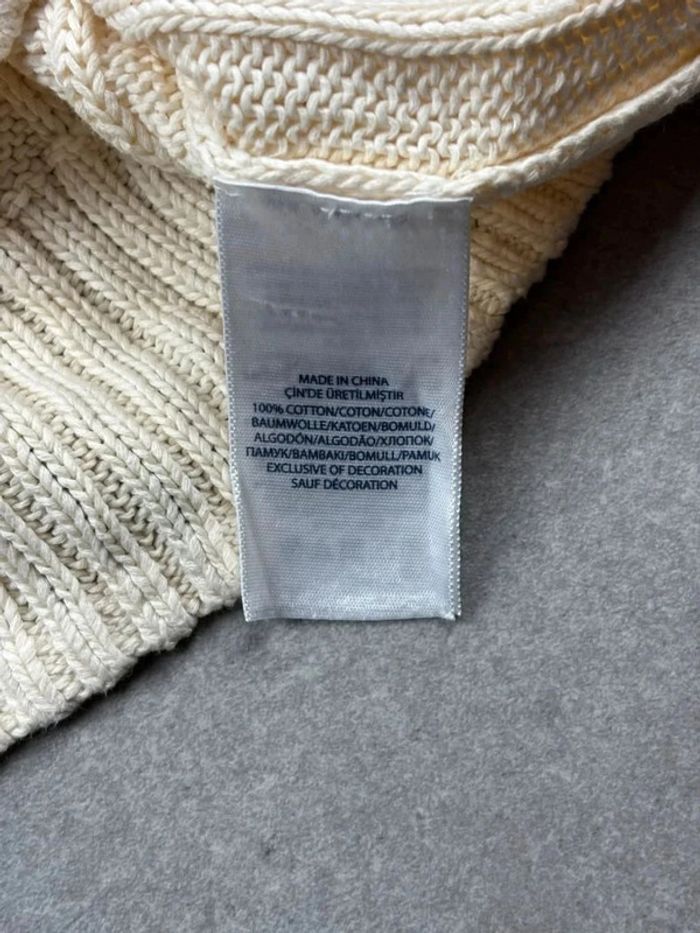 Pull d’hiver torsadé en maille pima Cotton blanc crème logo bleu marine col V taille M femme - photo numéro 9