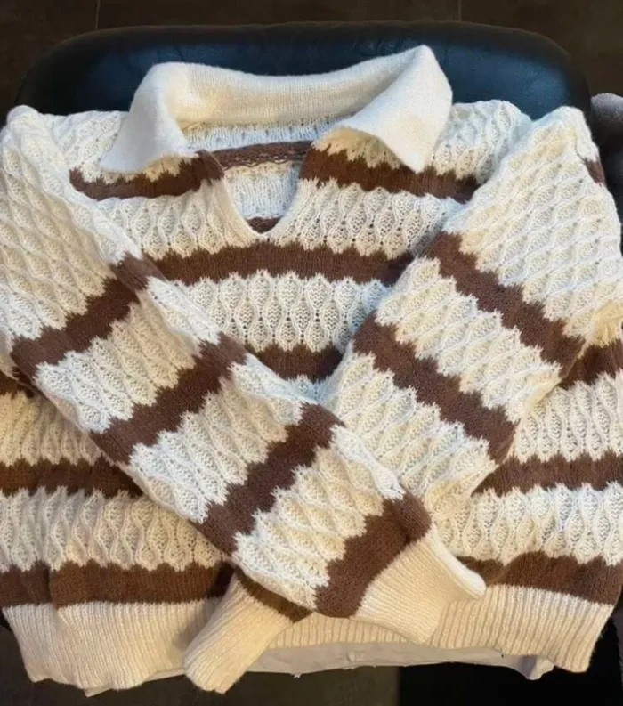 Pull Femme Rayé Marron Écru Col Polo - Taille L Neuf Tricot Chunky Automne - photo numéro 4