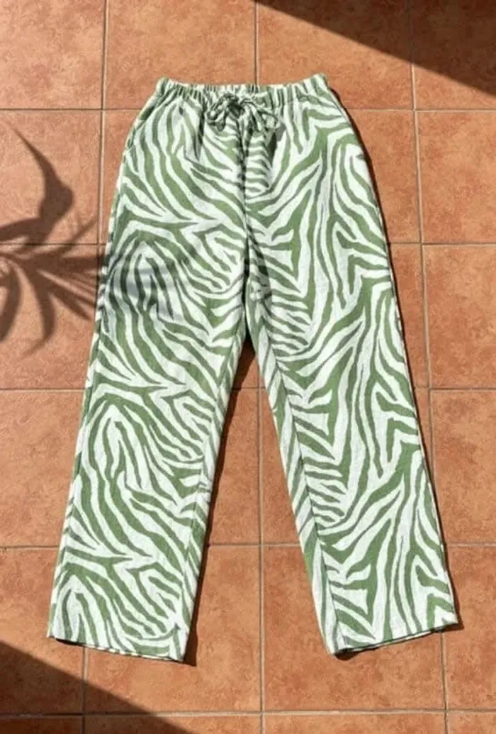 Pantalon large vert zébré, Eloria, taille M, imprimé fun chic femme