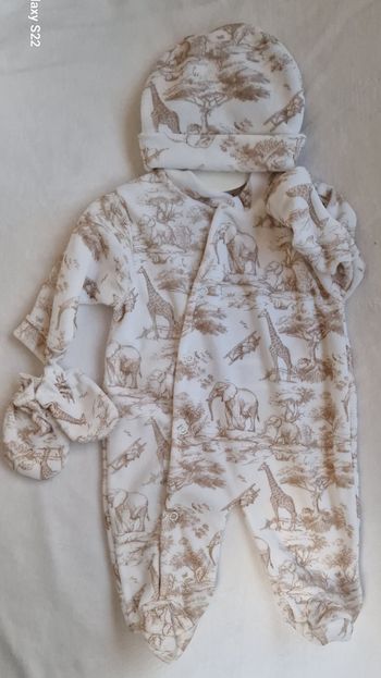 Ensemble safari bébé beige 0/3 mois pyjama bonnet et moufle