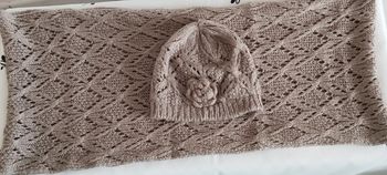 Ensemble tour de cou et bonnet assorti en laine beige et argenté