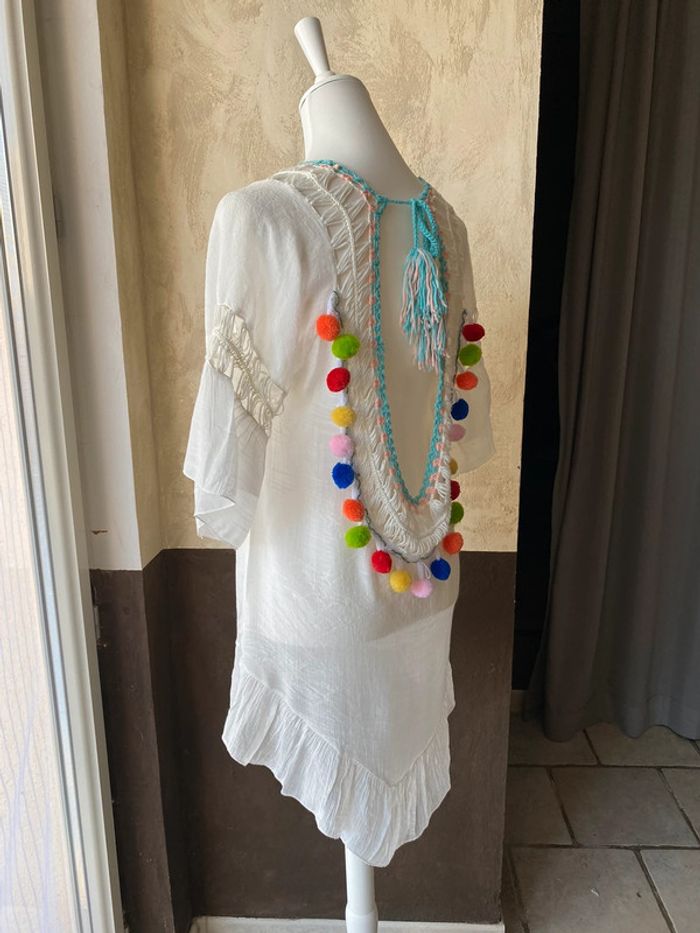 Tunique /robe blanche crochet pompons M/L
