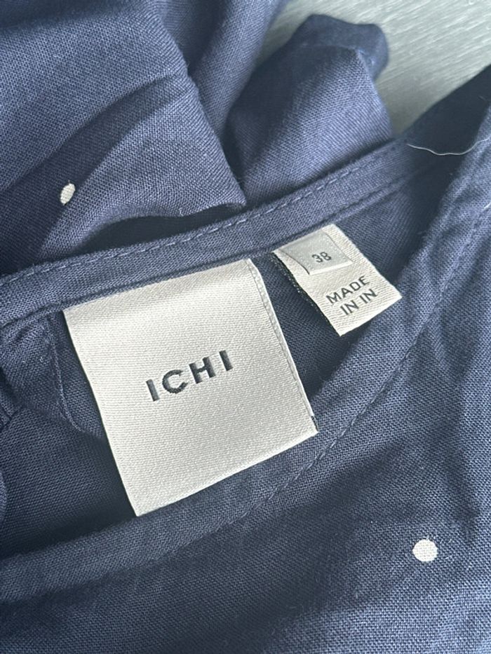 Blouse manches 3/4 bleu marine à pois blancs été légère ICHI 38/M - photo numéro 5