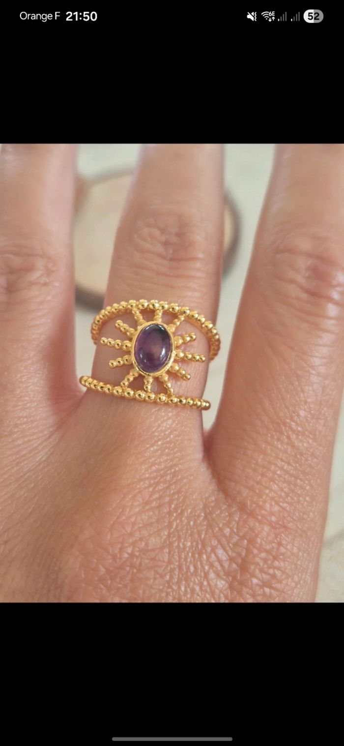 Bague soleil en laiton et cuivre dorée avec améthyste - photo numéro 6