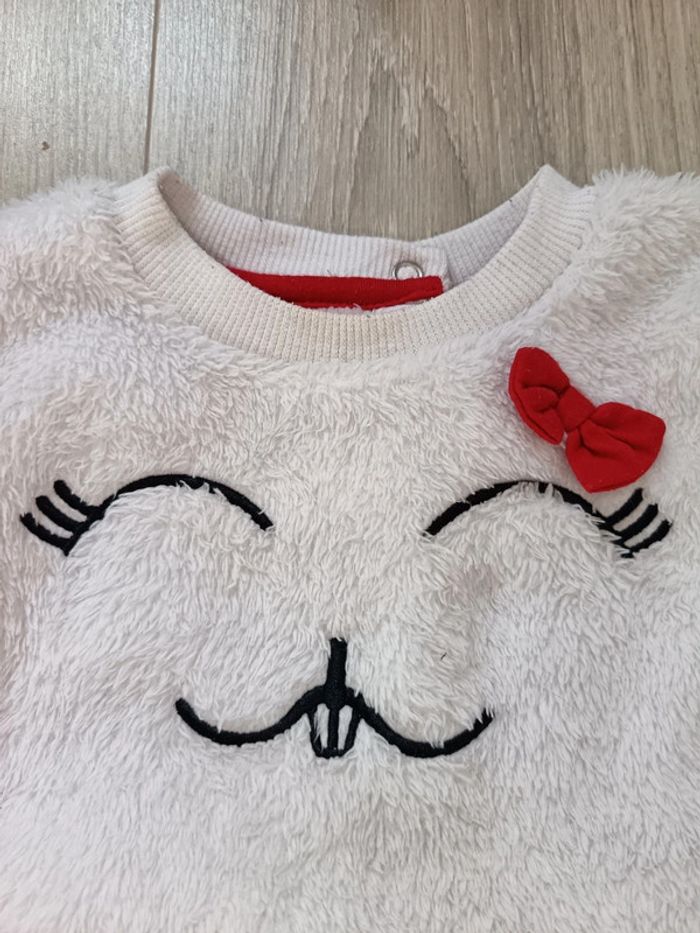 Pull chaud tout doux blanc motif lapin nœud et fille 12 mois - photo numéro 2