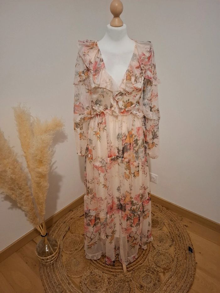 Robe longue rose pâle Fleurie volantée Golden Days taille S 36