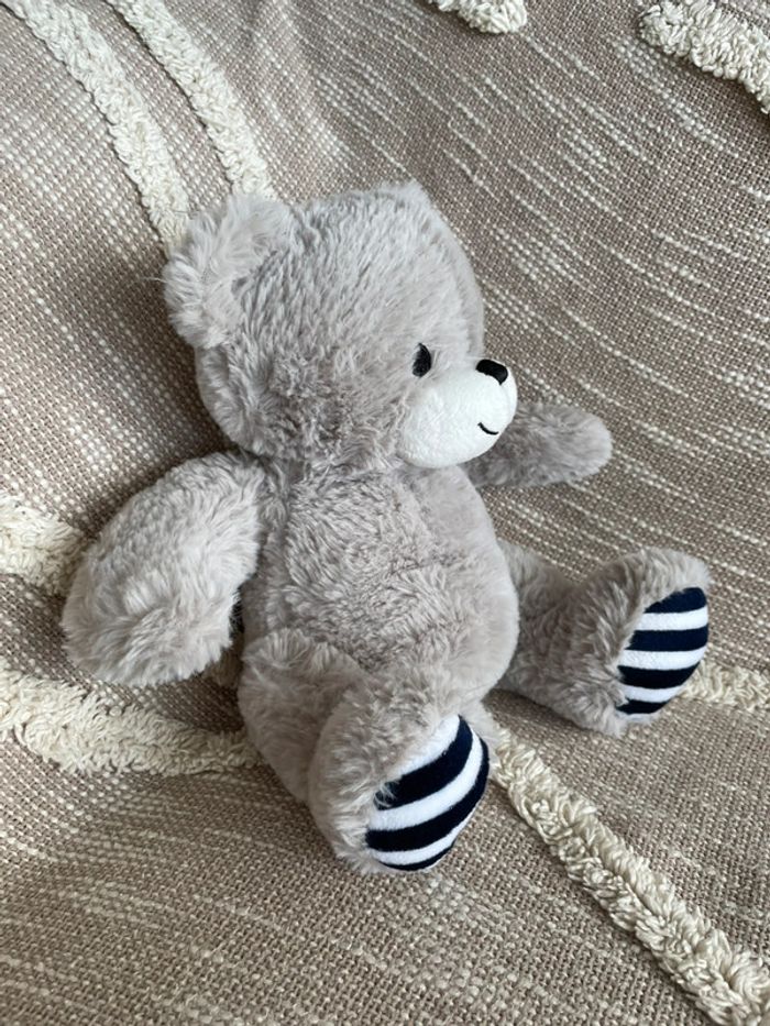 Peluche doudou 29cm Françoise Saget ours gris et rayé bleu marine très bon état - photo numéro 2
