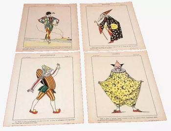 4 anciennes planches à dessin   Mes premiers pinceaux  Arlequin, Polichinelle, Magicien, Clown