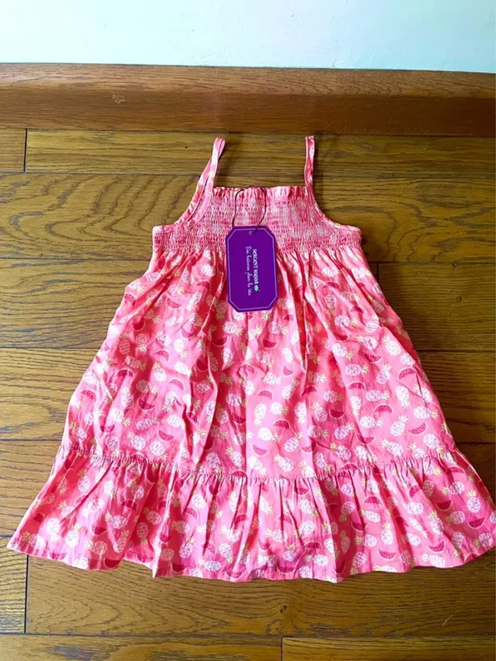 sublime ensemble Robe +bloomer bebe Sergent Major 12M rose imprime fruits smock neuf etiquette - photo numéro 4