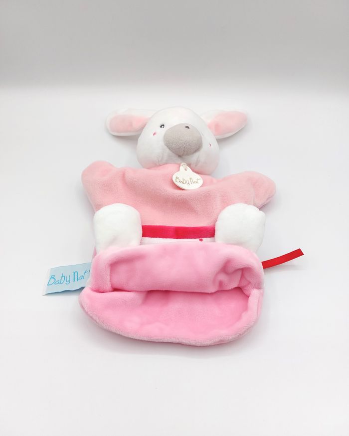 Doudou lapin marionnette rose blanc BABY NAT BN0592 happy together comme neuf - photo numéro 4