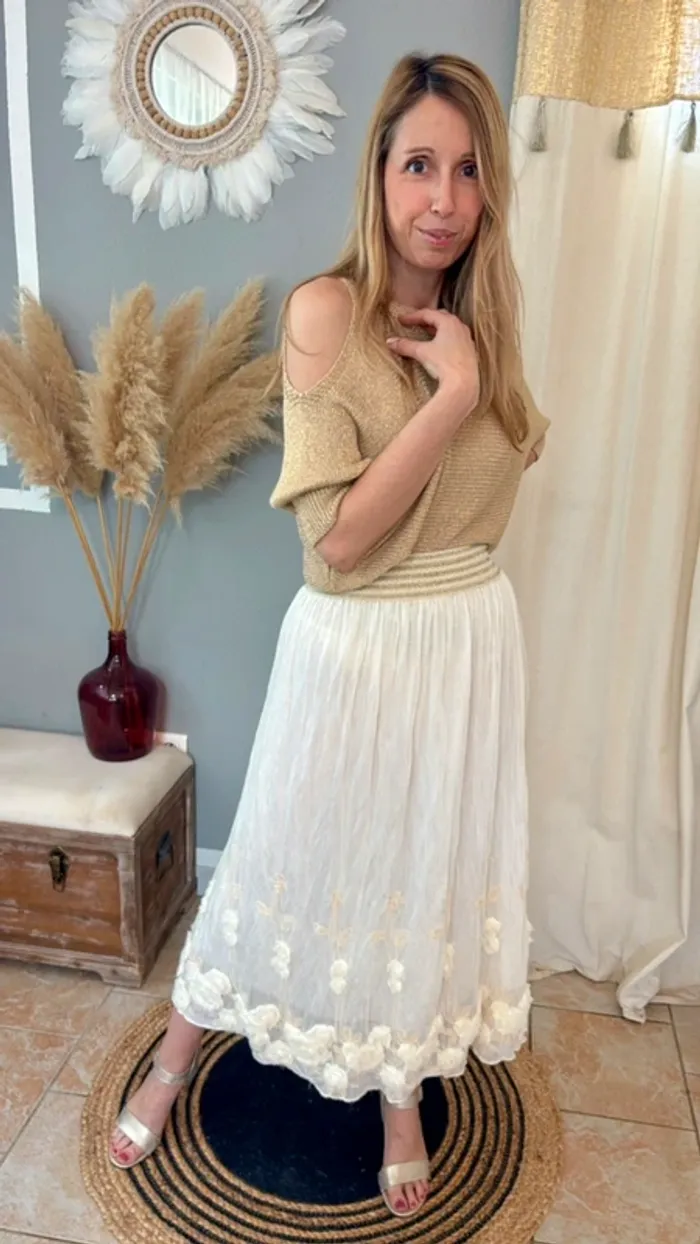 Jupe longue crème bohème avec broderies et fleurs Taille unique - photo numéro 13