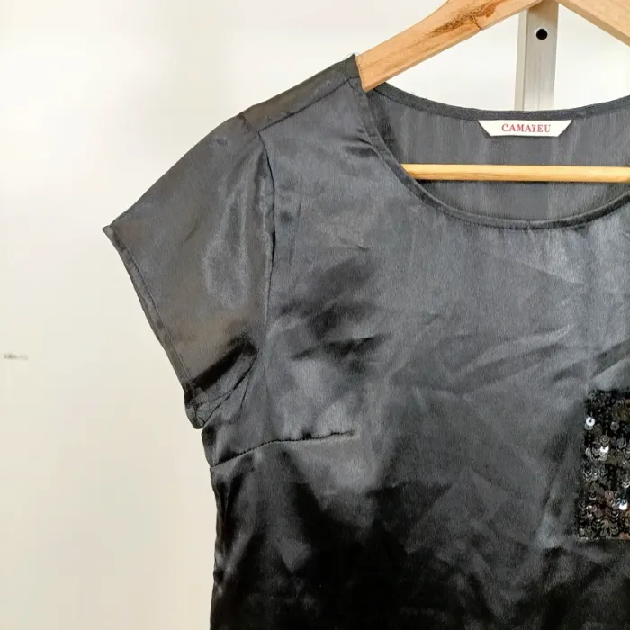 Top noir satiné Camaïeu effet ombré poche sequins T36 manches courtes chic soirée A1246 - photo numéro 3